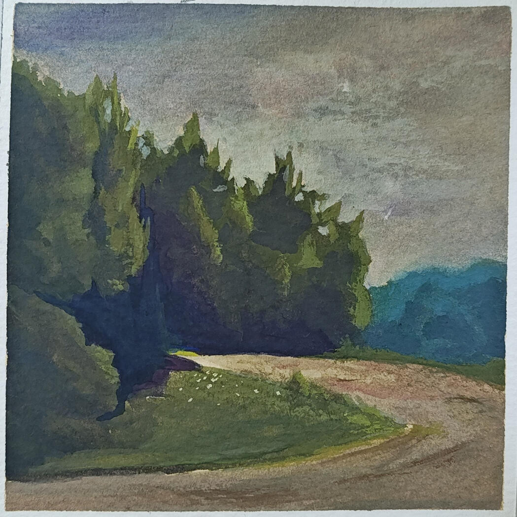 Reservoir path - gouache on paper, 4x4